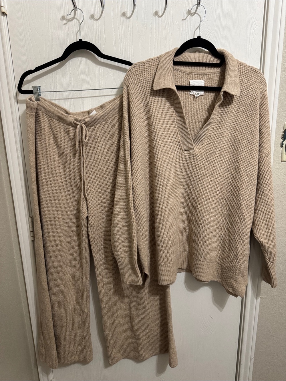 Aerie Cozy Up Waffle Polo Sweater Set Wide Leg Lounge Pants Neutral Beige 2X